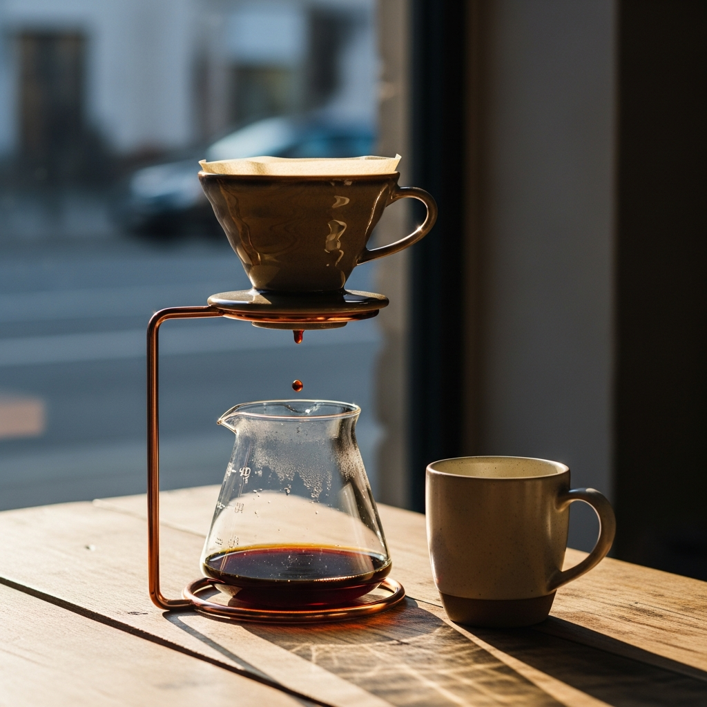 Pour-over coffee brewing in morning light
